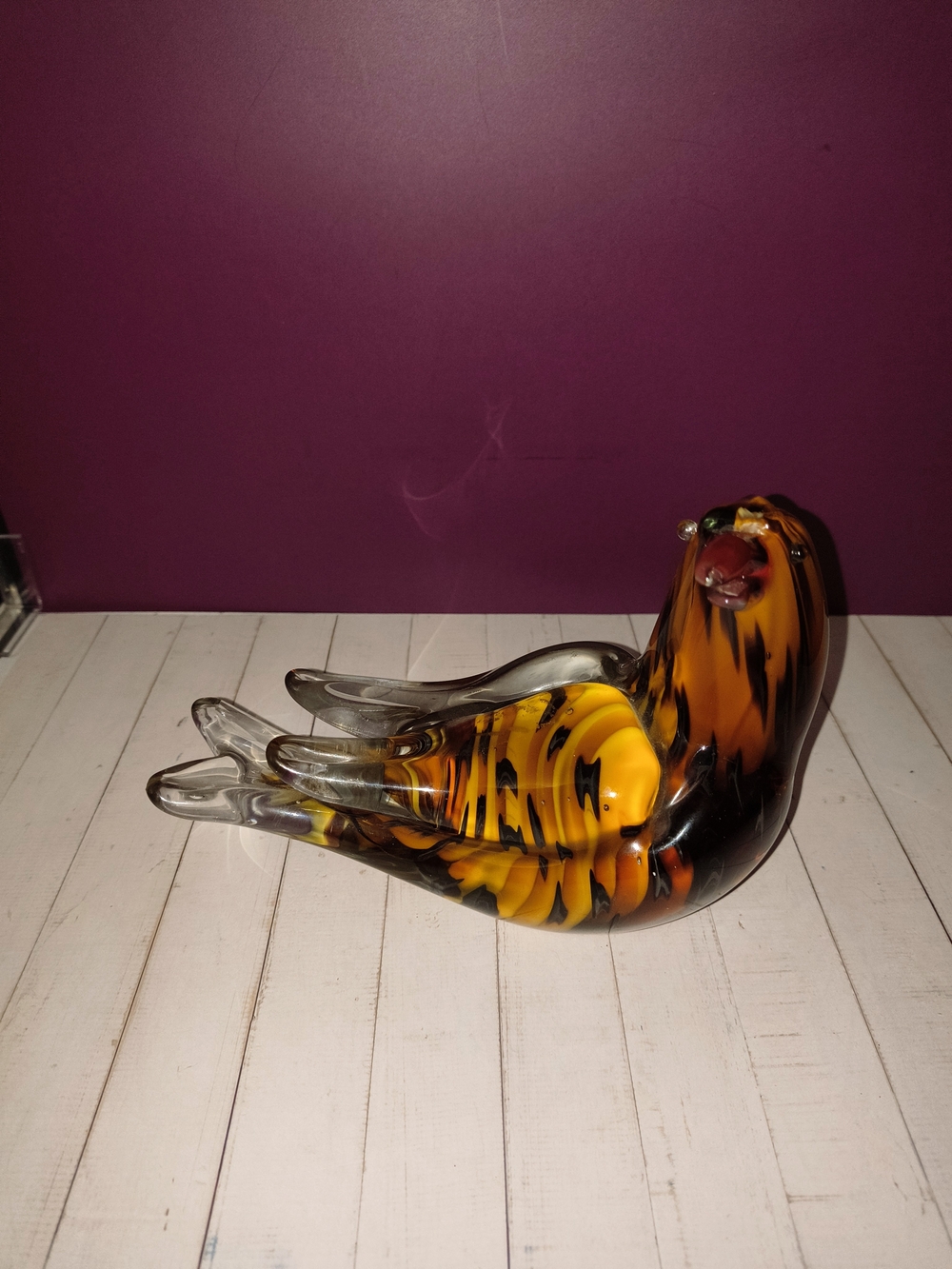Handblown Amber & Black Glass Bird Figurine - Decorative Home Accent